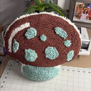 Brown and Teal Mushroom Punch Needle Plush Pillow
